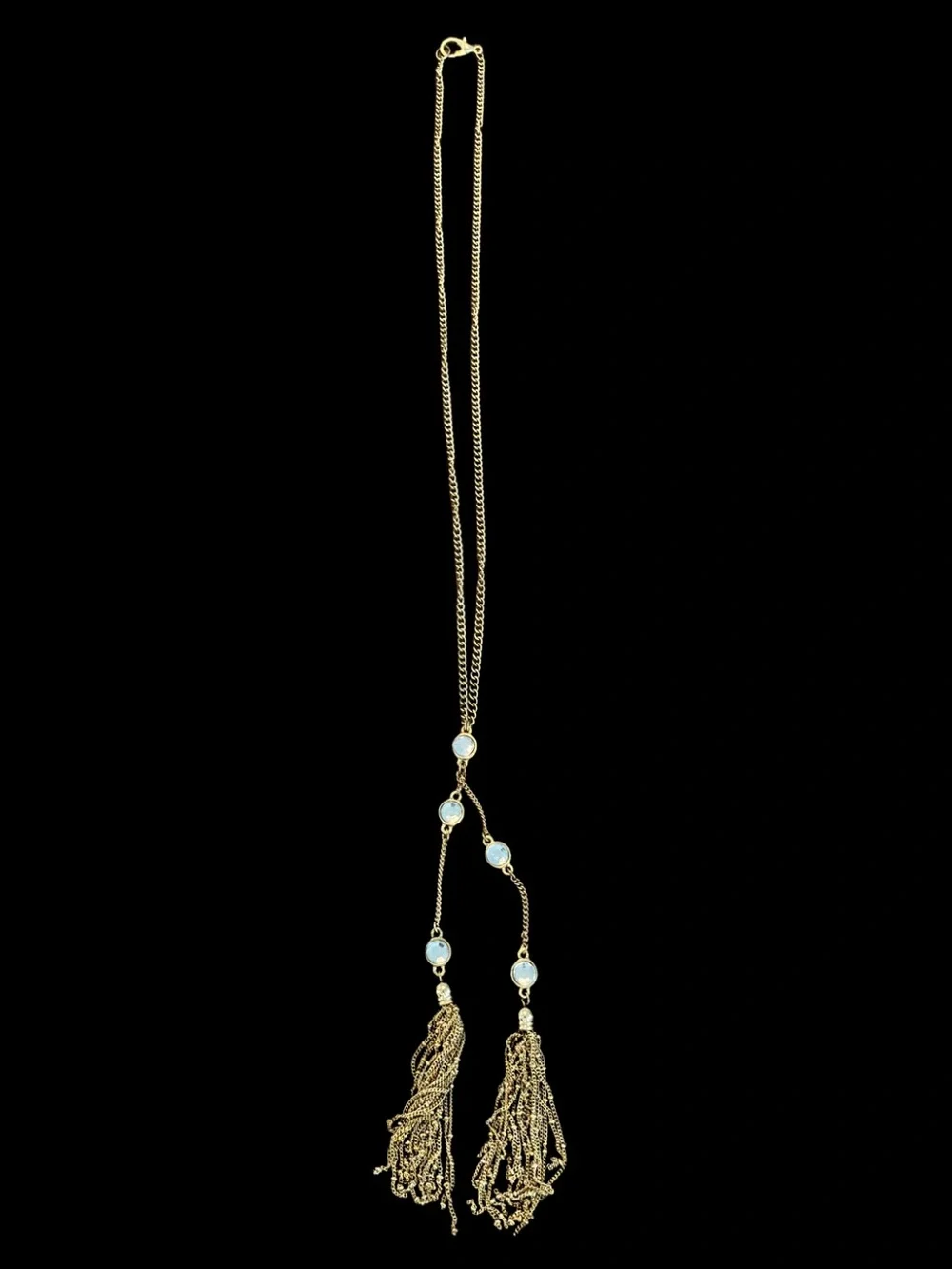 Vintage Gold Tone Tassel Y-Necklace with Clear Stone Accents - Picture 3 of 4